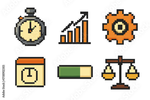 Productivity pixel art icon set. featuring timer, growth chart, gear, calendar, progress bar, balance scale