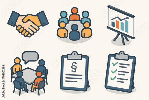 Business and office flat icon set. featuring handshake, meeting, presentation, discussion, contract, and checklist symbols