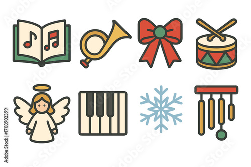 Christmas elements flat icons set. featuring music book, horn, bow, drum, angel, piano, snowflake, wind chime