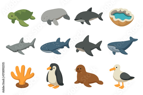 Ocean creatures flat icons set. featuring turtle, manatee, dolphin, shell, whale, and penguin symbols