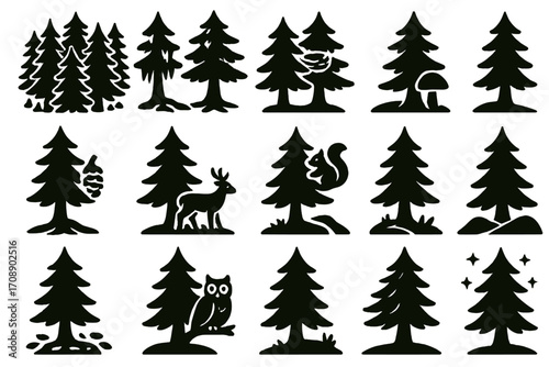 Forest nature silhouette icons set. featuring trees, wildlife, mushrooms, and foliage symbols