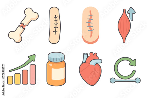 Medical flat icons set. featuring bone, suture, stitching, muscle, growth, pill, heart, refresh symbols