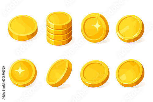 Business and finance flat icon set. featuring coin stacks, shiny coins, and different coin angles