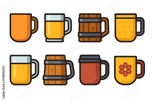 Beverage flat icon set. featuring beer mug, pint glass, beer barrel, coffee cup symbols