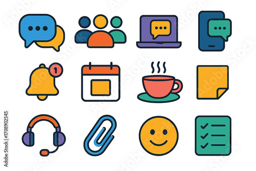 Communication and office tools flat icon set. featuring chat, team, laptop, notification, calendar, coffee, note, headset, clip, smiley