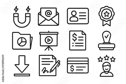 Business tools linear icon set. featuring magnet, email, contact, badge, chart, presentation, invoice, stamp, download, agreement, card, customer satisfaction
