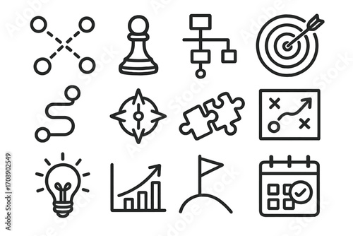 Business strategy linear icon set. featuring flowchart, target, puzzle, chess, graph, and calendar symbols