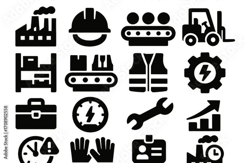 Industrial equipment silhouette icon set. featuring factory, hard hat, conveyor, forklift, vest, toolbox, gear symbols