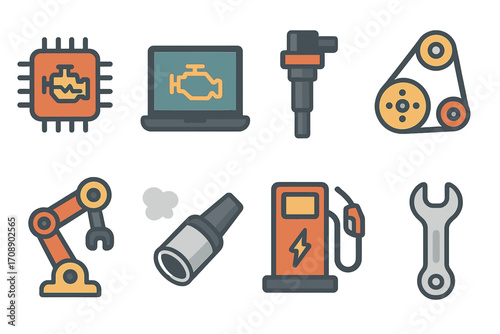 Automotive equipment flat icon set. featuring engine, laptop, injector, pulley, robot arm, muffler, fuel pump, wrench