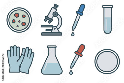Laboratory equipment flat icon set. featuring petri dish, microscope, pipette, test tube, gloves, and beaker