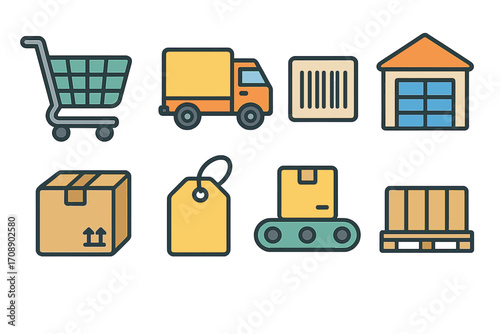 E-commerce and warehouse flat icon set. featuring cart, truck, barcode, warehouse, package, tag, conveyor, pallet