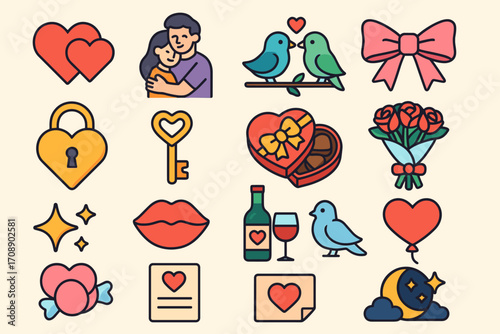 Valentine love flat icon set. featuring heart, couple, birds, gift, bouquet, lock, and key symbols