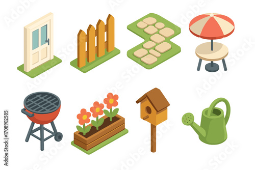 Garden elements isometric icon set. featuring door, fence, stone path, umbrella table, bbq, flowers, birdhouse, watering can