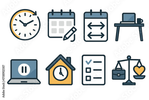 Office and time management flat icon set. featuring clock, calendar, desk, checklist, laptop, and scales symbols