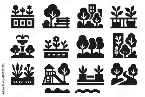 City park silhouette icon set. featuring bench, fountain, playground, trees, garden, structures, pond, and path symbols