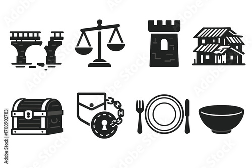 Medieval silhouette icon set. featuring bridge, scales, tower, house, chest, shield, plate, bowl