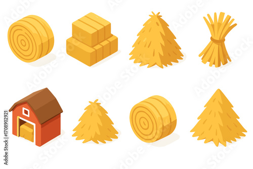 Agricultural elements flat icon set. featuring hay bale, barn, straw stack, and sheaf symbols