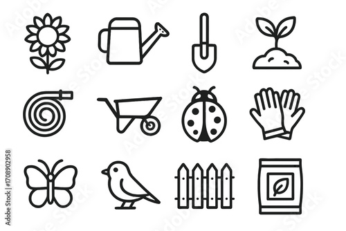 Gardening tools silhouette icon set. featuring flower, watering can, shovel, seedling, hose, and more