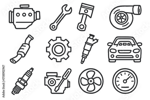 Automotive linear icon set. featuring engine, wrench, piston, turbocharger, exhaust, gear, injector, car, spark plug, fan, speedometer
