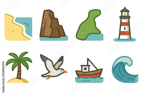 Beach and nature flat icons set. featuring sand, cliff, island, lighthouse, palm, seagull, boat, wave