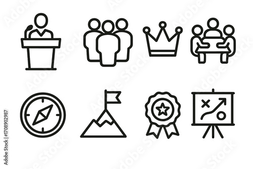 Business leadership linear icon set. featuring podium, team, crown, meeting, compass, flag, award, strategy symbols