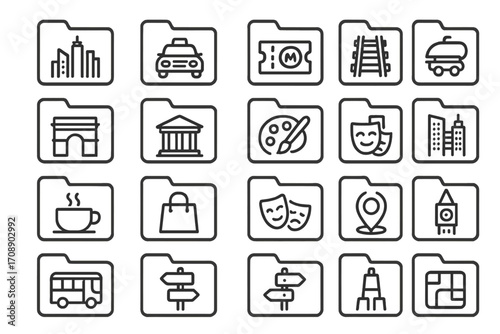 Travel and city linear icons set. featuring cityscape, taxi, ticket, railway, and bus symbols