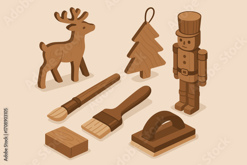 Winter crafts silhouette icon set. featuring reindeer, tree, nutcracker, paintbrush, block, and sander