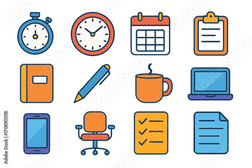 Office supplies linear icon set. featuring stopwatch, clock, calendar, clipboard, notebook, pen, coffee, laptop, phone, chair, checklist, document