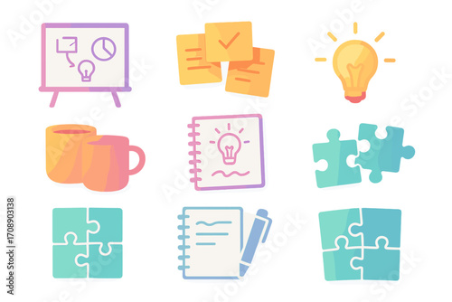 Business creativity flat icon set. featuring presentation, sticky notes, idea, coffee, notebook, and puzzle symbols