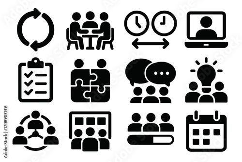 Teamwork and management silhouette icon set. featuring meeting, communication, planning, and collaboration symbols