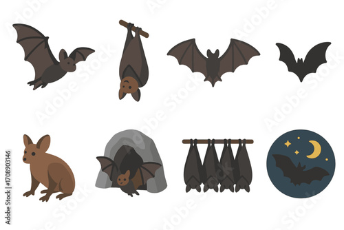 Halloween silhouette icon set. featuring bat, cave, moon, hanging, and flying symbols