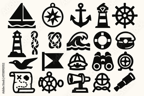 Nautical silhouette icon set. featuring sailboat, compass, anchor, lighthouse, wheel, knot, wave, lifebuoy, seagull