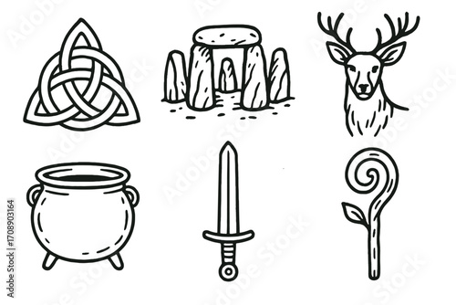 Ancient symbols linear icon set. featuring triquetra, stonehenge, stag, cauldron, sword, and staff symbols