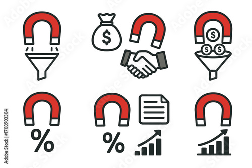 Finance linear icon set. featuring magnet, funnel, money bag, handshake, percentage, and growth chart symbols