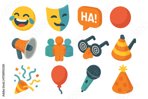 Entertainment flat icon set. featuring comedy, mask, speech, ball, megaphone, team, glasses, and balloon symbols.