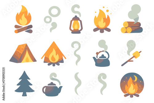Camping and cooking silhouette icon set. featuring campfire, lantern, tent, kettle, marshmallow, and tree.