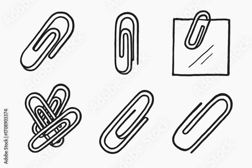 Office supplies linear icon set. featuring paperclip, bundle, and note symbols
