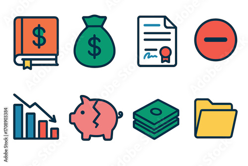 Financial flat icons set. featuring book, money bag, document, minus, chart, piggy bank, cash, folder