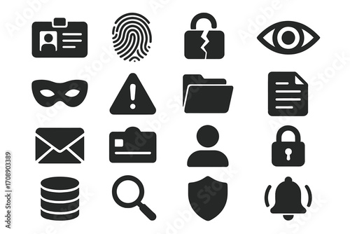 Security and privacy silhouette icon set. featuring id, fingerprint, lock, mask, folder, eye, alert, email, profile, and shield icons