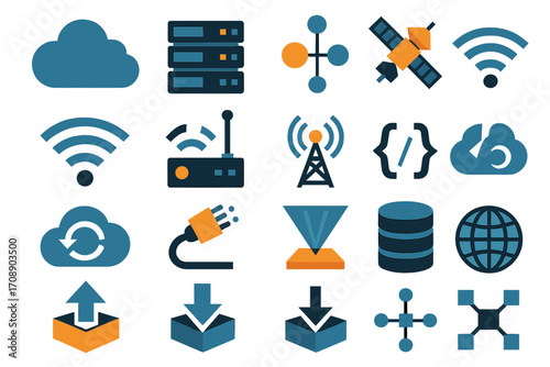 Technology and network silhouette icon set. featuring cloud, server, satellite, wifi, router, and database symbols