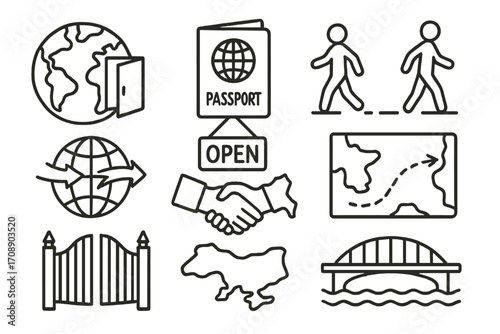 Travel and border linear icon set. featuring passport, globe, handshake, map, crossing, gate, bridge symbols