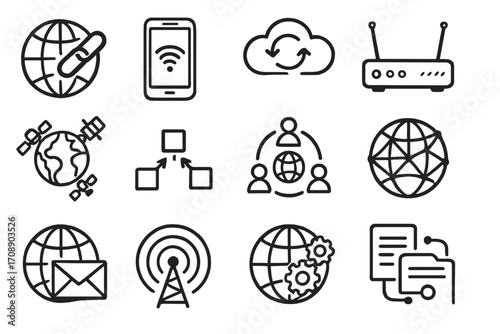 Communication and technology silhouette icon set. featuring network, smartphone, wifi, cloud, router, satellite, and email symbols