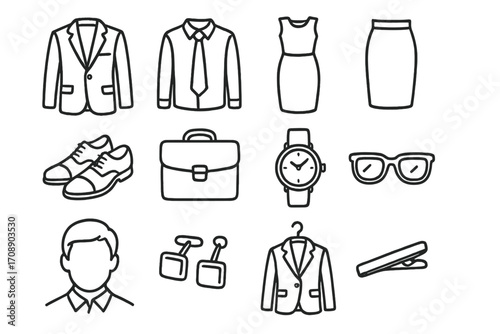 Business attire linear icon set. featuring suit, dress shirt, necktie, skirt, shoes, briefcase, watch, sunglasses