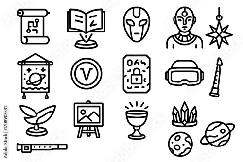 Futuristic linear icon set. featuring scroll, book, alien, astronaut, star, planet, and rocket symbols