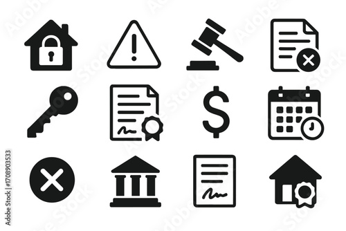 Legal and business silhouette icon set. featuring lock, warning, gavel, document, key, calendar, certificate, and bank symbols