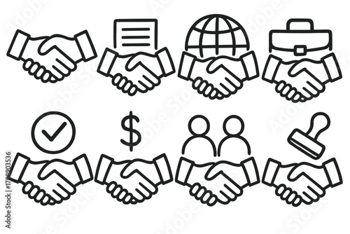 Business handshake linear icon set. featuring contract, global, briefcase, approval, currency, team, and stamp symbols