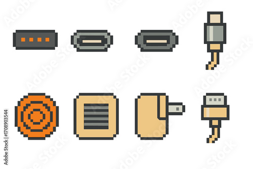 Connectivity flat icon set. featuring hdmi, usb, micro usb, ethernet, barcode, socket, and cable symbols