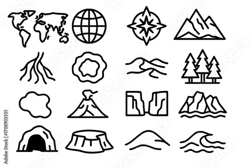 Geography elements linear icon set. featuring map, globe, compass, mountain, canyon, forest, wave, river, cave, volcano