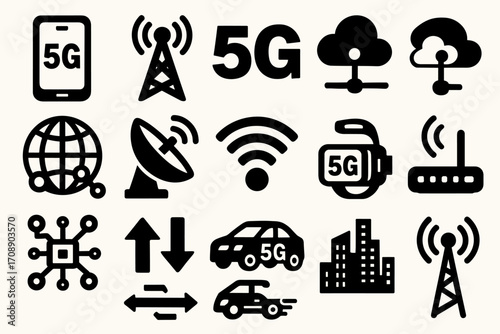 5g connectivity silhouette icons set. featuring mobile, satellite, network, signal tower, smartwatch, router