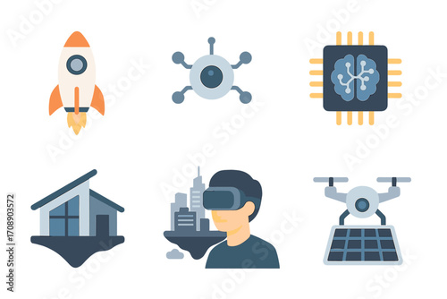 Futuristic technology flat icon set. featuring rocket, ai, vr, drone, house, cybernetics symbols